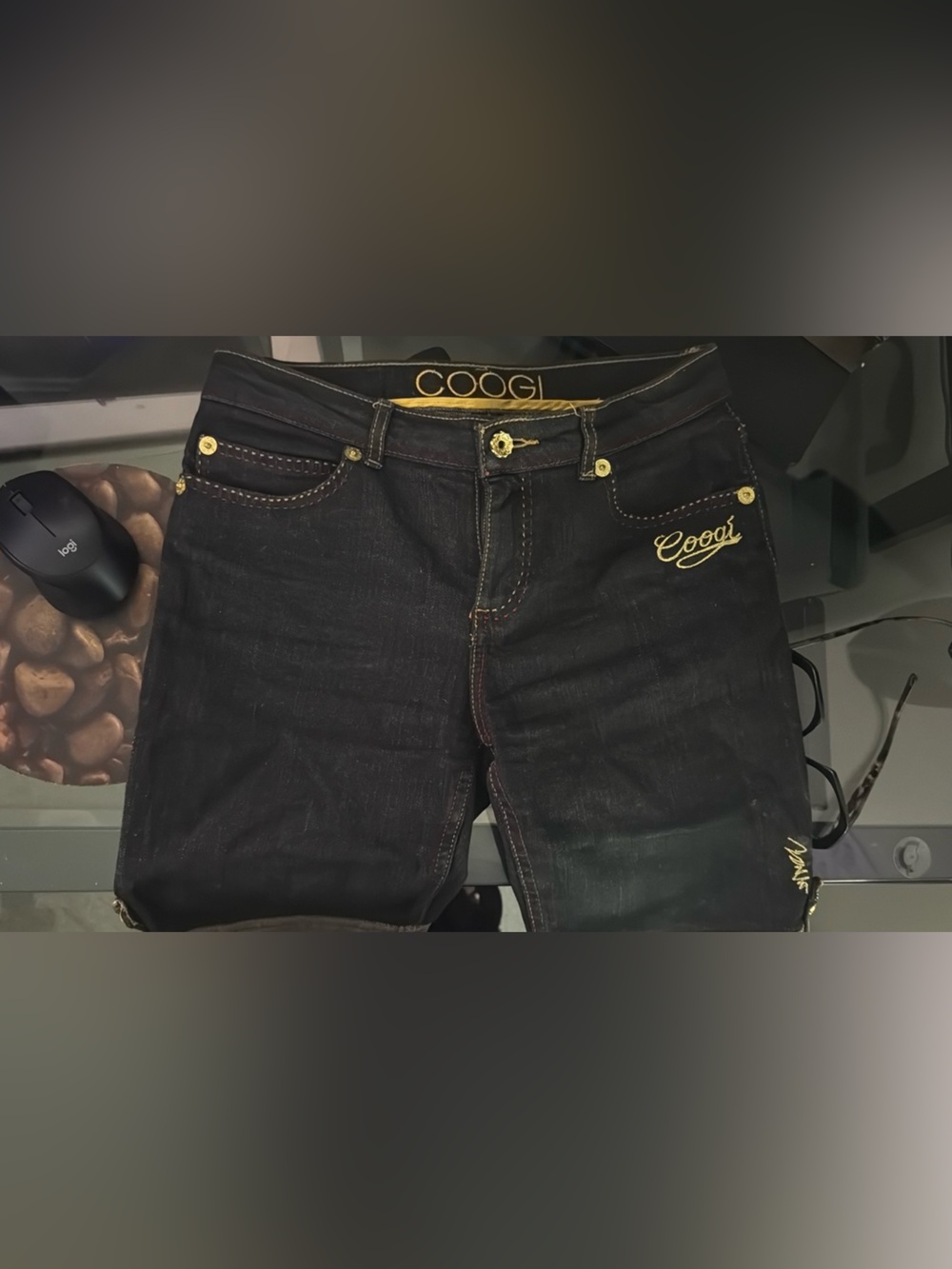 Y2K COOGI Embroidered Denim Shorts Hip Hop Jorts Dark Wash Bermuda Vintage